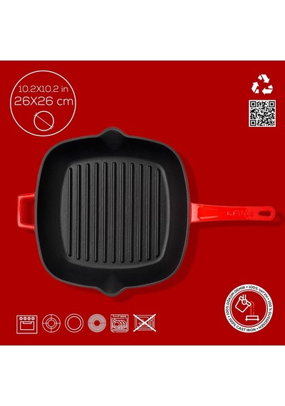 Lava Metal Döküm Izgara Tava, Metal Saplı, 26x26 Cm, Kırmızı Diğer