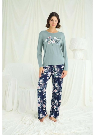 Modenya Çiçek Ve Yaprak Desenli Baskılı Pijama Takımı Yeşil