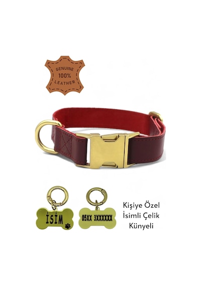 Caramelos- Hakiki Deri Köpek Boyun Tasması, Kişiye Özel Künyeli-küçük Ve Orta Irk- 2cm Bordo-tek Ebat Çok Renkli