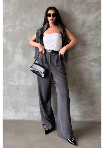 Madmext Füme Çift Pileli Kemerli Pantolon Mg2330 Füme