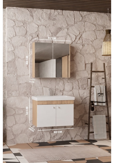 Milano 80 Cm, Lavabolu Banyo Dolabı Seti, Lavabo Dahil, Ayna Dahil, Sonomo Meşe, Mdf Beyaz - Sonomo Milano 80 Cm, Lavabolu Banyo Dolabı Seti, Lavabo Dahil, Ayna Dahil, Sonomo Meşe, Mdf Beyaz - Sonomo