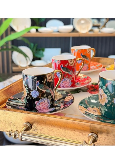6 Kişilik Porselen Renkli Bird Deco Kahve Fincanı -5811 Çok Renkli