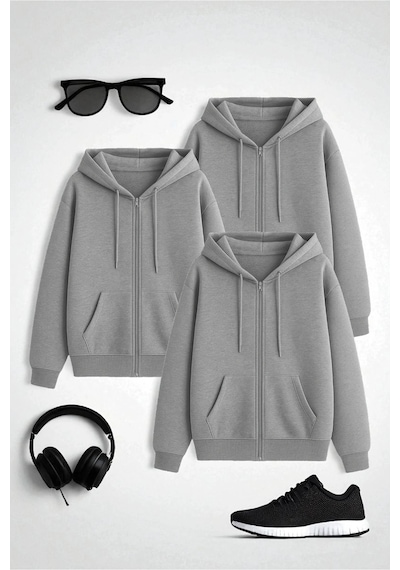 Uyguntarz Unisex Gri & Gri & Gri Fermuar Kapüşonlu Sweatshirt 3 Lü Fırsat Paketi Çok Renkli