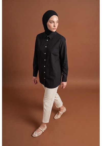Avenna Klasik Yaka Önden Düğmeli Uzun Kollu Rahat Kesim Basic Gömlek Tunik 82 Cm Boy Siyah 26yt491