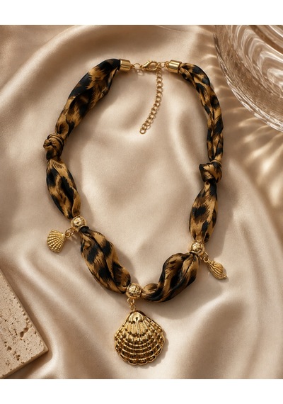 Leopar Desenli Fular Kolye Gold Deniz Kabuğu Ve Charm Detaylı 40-45 Cm Renkli