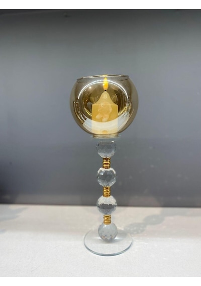 Dekoratif Kristal Cam Üçlü Top Şamdan Gold