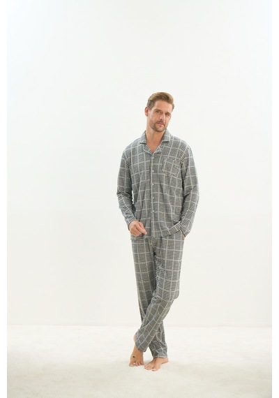 Sevim Erkek Uzun Kol Gömlek Yaka Önden Düğmeli Gri Pijama Takım C1t4n5o9 001