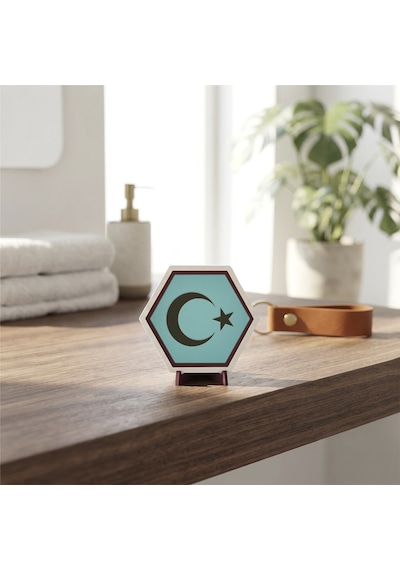 Butik Ay Yıldız Motifli Dekoratif Masaüstü Süsü, Modern Ve Minimalist Ev Hediyesi 10x10 Cm, Turkuaz