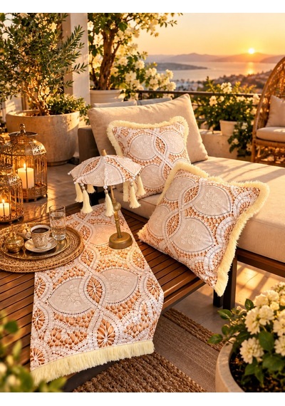 Missidea Lace Elegance Dantel Desenli Dekoratif Masa Üstü Lambası Bali Şemsiyesi Seti Şemsiye + Runner + 2 Li Kırlent Kılıfı Krem