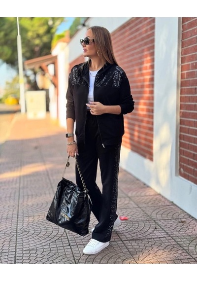 Defymoda Kadın Iki Iplik Kumaş Pul Ve Fermuar Detaylı Ikili Takım Siyah