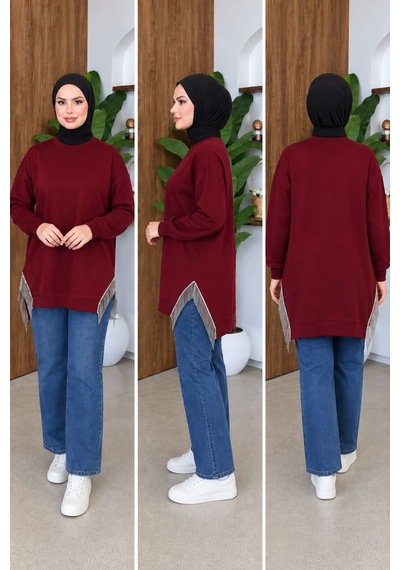 Aymiraa Kadın Püskül Detaylı Rahat Kalıp Tesettür Sweatshirt Tunik Bordo Bordo