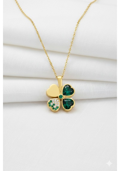 Çekirdekjewelry Zümrüt Işıltılı Dört Yaprak Yonca 925 Ayar Gümüş Kolye Sarı