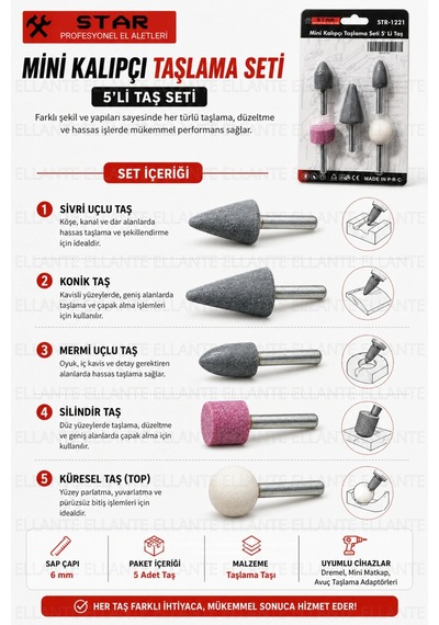 Mini Kalıpçı Taşlama Seti 5'li Taş Seti Metal, Cam, Seramik Ve Taş İçin Hassas Taşlama 6 Mm Sapl