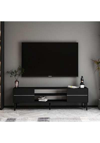 Aragon Modern Tv Sehpası 140 Cm, 2 Kapaklı + 2 Açık Raflı Tv Ünitesi - Siyah