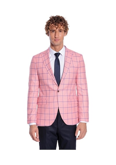Wessi Mavi Kare Desenli Slim Fit Pembe Erkek Ceket 001