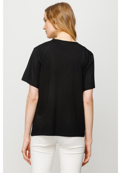 Kadın Sıfır Yaka Basic Penye T-shirt Siyah SIYAH