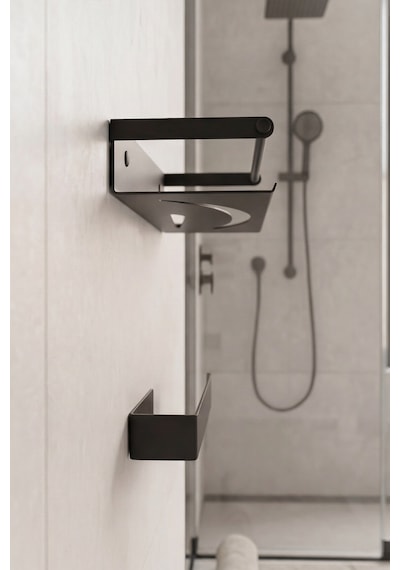 Zift Unique Paslanmaz Çelik Yapışkanlı Duş Rafı Ve Havluluk Set, Havlu Askısı Ve Banyo Rafı Siyah