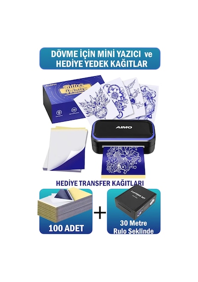 Aımo Mr3 Bluetooth Dövme Stencil Yazıcısı Kablosuz Termal Transfer Yazıcı 100 Adet + 30 Metre Rulo Hediyedir