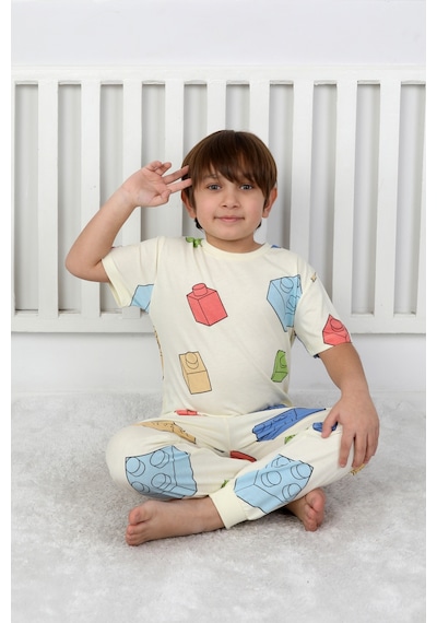Erkek Çocuk %100 Pamuk Baskılı Pijama Takımı Kısa Kollu, Sevimli Desenler Sarı
