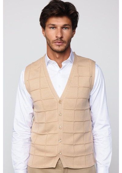 Tudors Slim Fit Kare Desenli Taş Rengi Erkek Yelek-29711-Taş