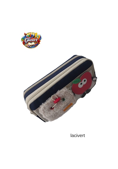 İçi Ful Astarlı 3 Gözlü Kalemlik Elma Figürlü 1 Adet Lacivert