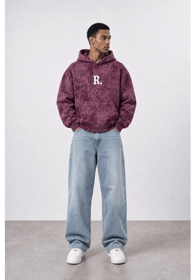 Respire Erkek Revere Nakışlı Yıkamalı Oversize Hoodie Bordo