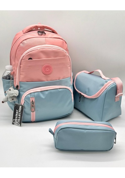 İlk Okul Çantası 3'lü Seti Unisex Çocuk İlkokul Çantası Gry-8010 Pudra-mavi Fuşya
