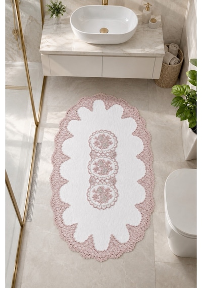 Pudra Dantelli Kaymaz Deri Tabanlı Oval Banyo Paspası Güpürlü Yıkanabilir Banyo Takımı Liana