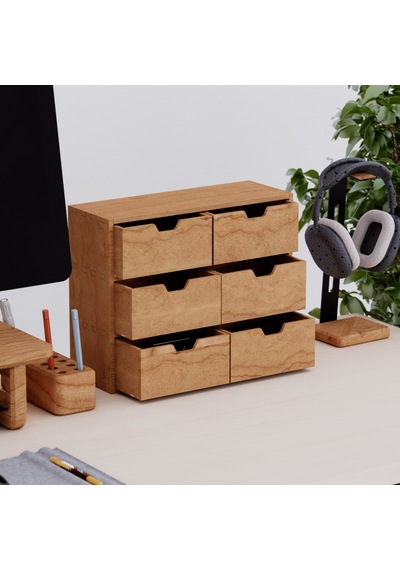 Desna Üç Katlı Altı Çekmeceli Dolap - Kiraz 34 Cm Uzunluk X 12.1 Cm Derinlik X 27.2 Cm Woodsaka Doğal Ahşap