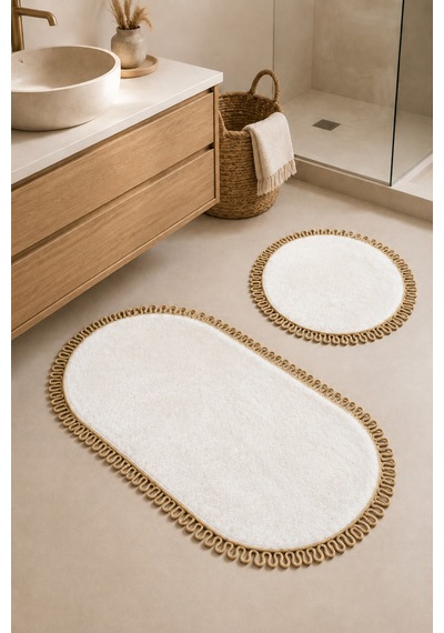 El Yapımı Bohem Banyo Paspası 2'li Peluş Kaymaz Jel Taban Yuvarlak 60x60 Cm Ve Oval 55x100 Cm Beyaz Jüt Hasır