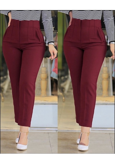 Buğrahayalin Kadın Üste Oturan Paçası Bilek Üzerinde Biten Atlas Kumaş Pantolon 36 S - 48 4xl Bordo