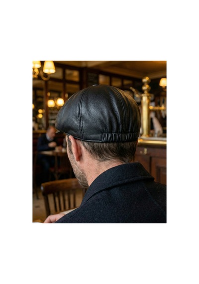 Emybox %100 Hakiki Deri 8 Köşe Kasket Şapka - Peaky Blinders Tarzı Lastikli Erkek Şapka Siyah