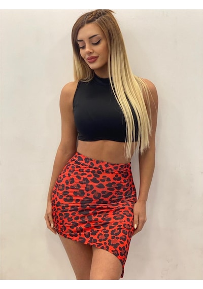 Pink Life Kırmızı Leopar Etekli Siyah Büstiyerli İkili Takım Kırmızı