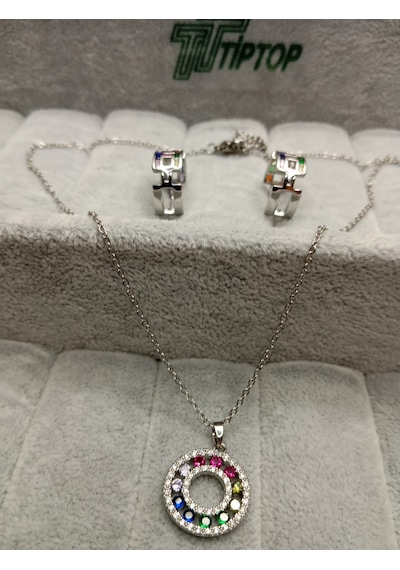 Tiptop/gümüş Renk Zirkon Taşlı Çok Renkli Kolye-küpe Set Çok Renkli