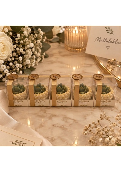 20 Li Kişiye Özel Nikah Hediyeliği Sukulent Mum Taş Tozu Mumluk Süslemeli Etiketli
