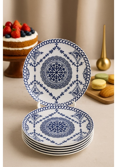 Grandora Mavi Beyaz Çini Desenli 6'lı Pasta Tabağı Seti 20 Cm - Pasta Ve Tatlı Tabak Vintage Sunum Tabağı Lacivert-beyaz