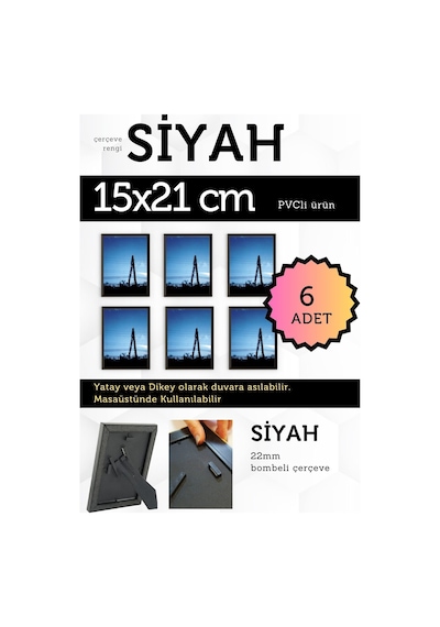 Siyah-6 Adet Pvc Li 15x21 Cm 22mm Bombeli Çerçeve Fotoğraf Resim Çerçevesi Ayaklı Veya Duvara Asma Yatay-dikey 53255703