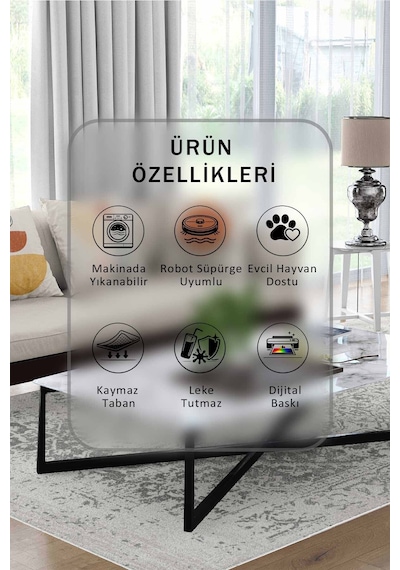 Yıkanabilir Kaymaz Taban Dijital Baskılı Halı Ve Yolluk Leke Tutmaz Salon & Mutfak Halısı - 1077 Gri
