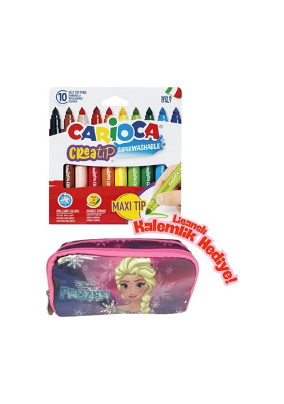 Lisanslı Frozen Kalemlik Hediyeli - Carioca Creatip 10 Renk Yıkanabilir Keçeli Kalem Büyük Boy Pembe