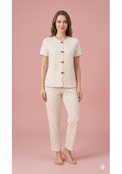 Sleeproom Yazlık Ekru Kiraz Desenli Kısa Kol Penye %100 Pamuk Pijama Takım