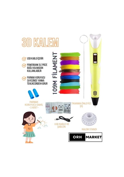 Sarı 3D Kalem 3D Pen Yazıcı Kalem – 20 Adet 5 Metrelik PLA Filament (Toplam 100M) + USB Kablo Sarı 3D Kalem 3D Pen Yazıcı Kalem – 20 Adet 5 Metrelik PLA Filament (Toplam 100M) + USB Kablo