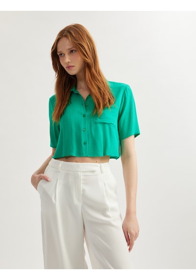 Koton Cep Detaylı Kısa Kollu Viskon Crop Oversize Gömlek Yeşil 5sak60244pw Yeşil