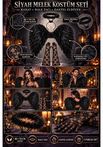 Halloween Siyah 80x70 Melek Kanadı Haleli Melek Tacı Uzun Dantel Eldiven 3'lü Kostüm Seti Cadılar Bayramı