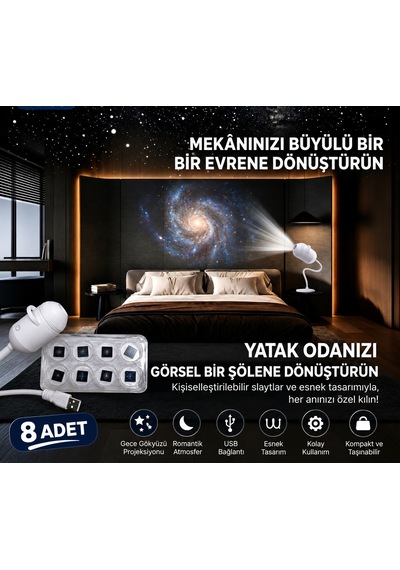 Gökyüzü Galaksi Projeksiyon Ledli Gece Lambası 8 Yedekli