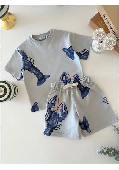 Magu Erkek Çocuk Pamuklu Istakoz Desenli T-shirt Şort Takım Gri