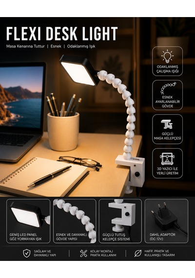 Esnek Gövdeli Led Masa Lambası 5w 6500k Beyaz Işık Kelepçeli Masa Kenarı 12v Adaptör Dahil