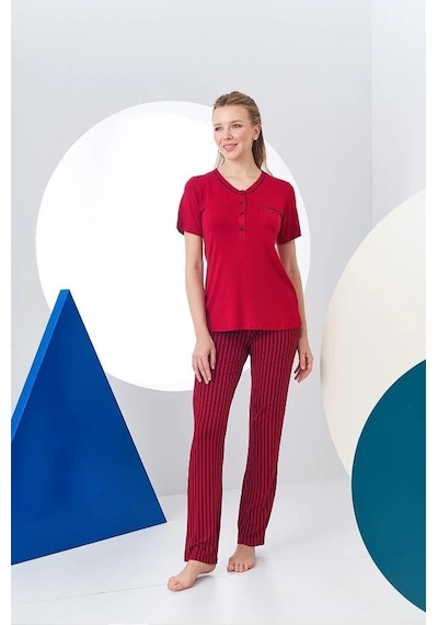 Pjs 24157 Kadın Çizgili Patlı Kısa Kol Pijama Takım 001