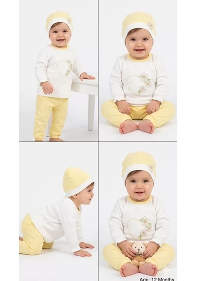 Pekminibebe 3/12 Ay Şapkalı Pamuk Bebek Takımı Ekru