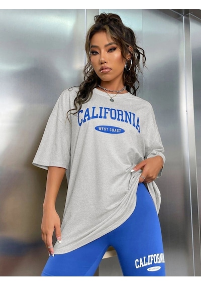 Flood Of Style Kadın Mavi Beyaz Calıfornıa Baskılı Bisiklet Yaka Tshirt