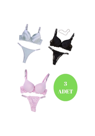Tılsım Lingerie Murays Kadın 3lü Taşlı Mikro Sütyen Takım Gri/kırmızı/pembe